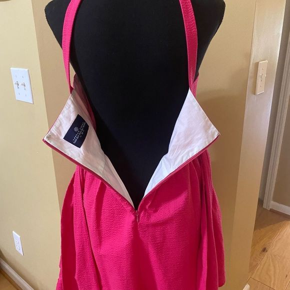 Lauren James raspberry coloured halter flared dress. Sash with bow tie. - Picture 6 of 14